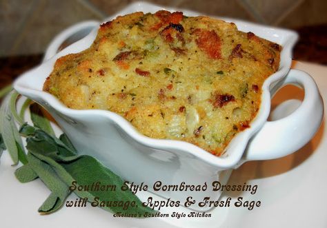 Southern Style Cornbread Dressing with Sausage, Apples and Fresh Sage Southern Style Cornbread Dressing, Cornbread Dressing With Sausage, Dressing With Sausage, Apple Dressing, Southern Style Cornbread, Melissas Southern Style Kitchen, Sage Recipes, Southern Thanksgiving Menu, Sage Sausage