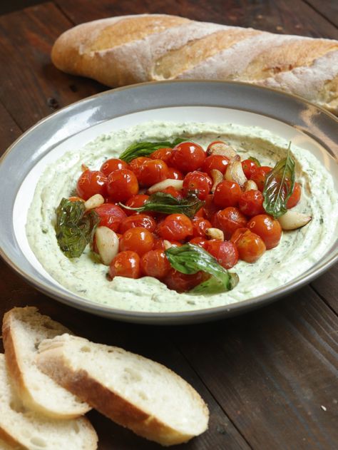 Herbed Cream Cheese Dip with Cherry Tomato confit - Dine With Gitanjali Cherry Tomato Horderves, Cherry Pie Dip Cream Cheeses, Confit Tomatoes And Garlic, Goat Cheese Cherry Tomatoes, Cherry Tomato Garlic Confit, Cherry Tomato Confit, Herbed Cream Cheese, Fried Basil, Tomato Confit