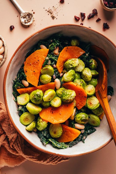 Fall Vegetable Salad, Salad With White Beans, Butternut Squash And Brussels Sprouts, Roasted Fall Vegetables, Butternut Squash Kale, Roasted Vegetable Salad, Vegan Roast, Fall Vegetables, Roasted Vegetable