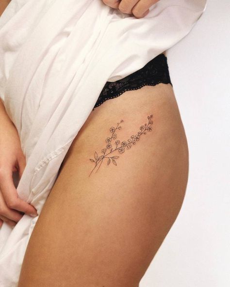 Forget-me-not tattoo located on the hip, fine line Fine Line Hip Tattoo, Forget Me Not Tattoo, International Tattoo, Ankle Tat, Ankle Tattoo Designs, Hip Tattoos, Tattoo Time, Birth Flower Tattoos, Dragonfly Tattoo