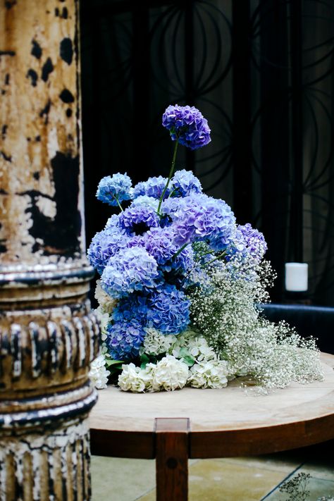 Hydrangea Arrangements Wedding, Pallas Couture Bridal, Wedding Chuppah, Hydrangea Arrangements, Couture Bridal Gowns, Blue And Purple Flowers, Flower Installation, Sparkly Wedding, Hello May