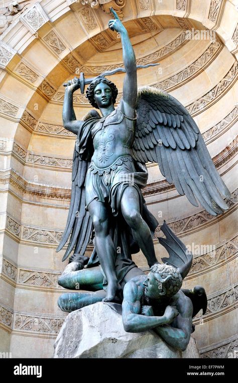 Saint Michael Statue, Angel Sculpture Art, Archangel Michael Tattoo, Angel Statues Sculpture, Archangel Tattoo, French Things, Statue Tattoo, Hybrid Art, Art Gallery Interior