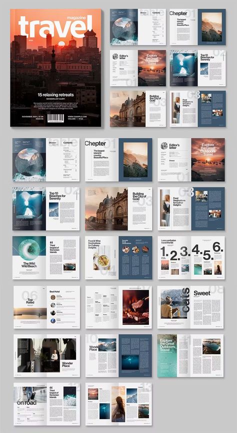 Travel Magazine Template InDesign INDD, IDML. 36 Pages Discover the art of captivating website design with our curated collection! Explore stunning layouts, intuiti Indesign Travel Magazine, Indesign Design Ideas, Magazine Index Page Design, Travel Page Design, Booklet Layout Design Inspiration, Travel Magazine Layout Design Templates, Digital Magazine Layout Design, Magazine Design Template, Indesign Magazine Layout