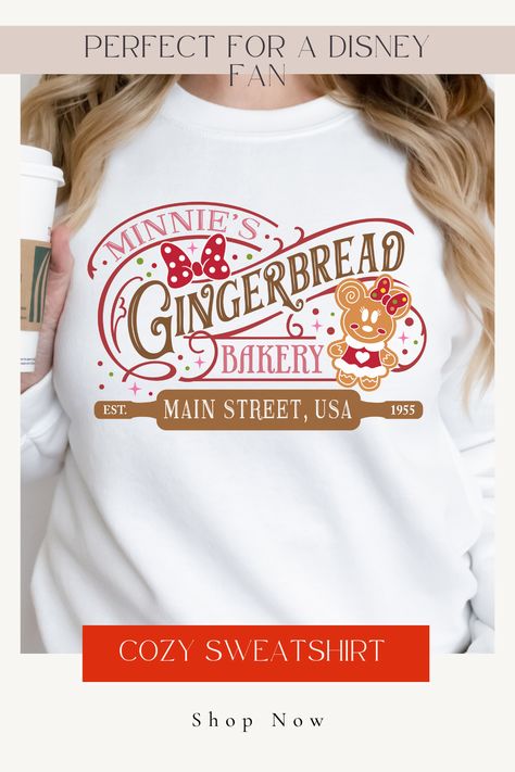 Get that perfect Christmas present for someone in your life who just loves everything Disney. They will love this fantastic Christmas Minnie's Gingerbread Bakery sweatshirt for visiting Disneyland in Anaheim or at Disney World in Orlando during the holidays. Christmas Disney World Shirts, Disney World Christmas Outfit, Gingerbread Outfit, Disney Christmas Outfits, Disney Camping, Disney Christmas Shirts, Disney Trip Outfits, Disney Outfits Women, Disneyland Christmas