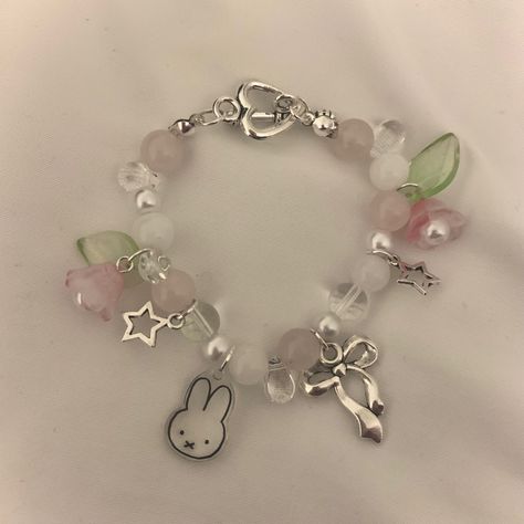 Mitski Bracelet Ideas, Cute Charm Bracelets, Miffy Bracelet, Beads Bracelets Aesthetic, Handmade Adjustable Y2k Beaded Bracelets, Handmade White Kawaii Charm Bracelet, Adjustable Kawaii Beaded Bracelets, Fairycore Beaded Jewelry Gift, Cheap Beaded Kawaii Bracelets