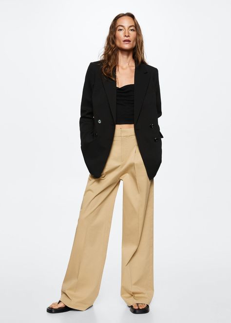 Double-breasted blazer - Woman | Mango Egypt Collarless Blazer, Gala Gonzalez, Suede Biker Jacket, Suit Jackets For Women, Textured Jacket, Style Blazer, Tan Pants, Houndstooth Jacket, Oversized Denim Jacket