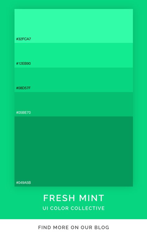 Mint green color palette inspiration for interior design and UI projects. Find more on the UI color collective blog. Mint Logo Design, Fresh Green Color Palette, Neon Green Color Palette, Green Branding Color Palette, Ui Color Palette, Mint Green Color Palette, Mint Color Palette, Flat Design Colors, Green Website