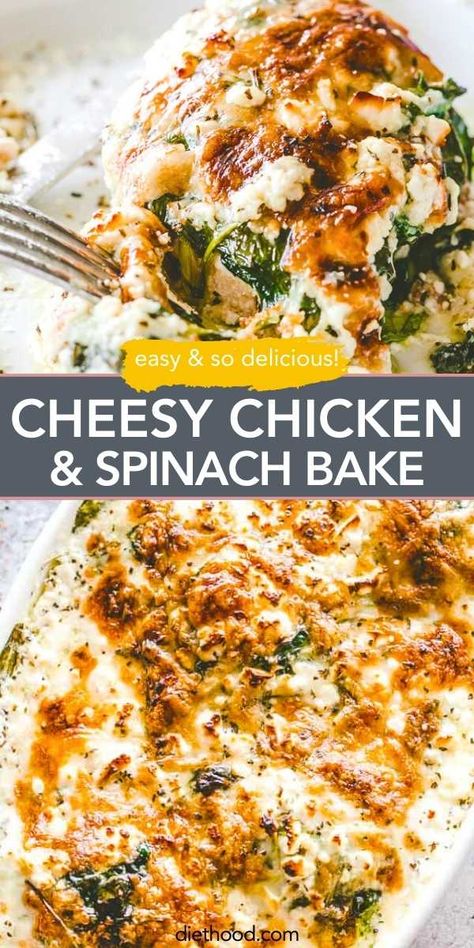 Tender baked chicken breasts topped with creamy spinach and melty cheese. This deliciously cheesy Chicken Bake recipe is a low-carb dinner that's perfect for those busy weeknights! If you're looking for an easy keto chicken dinner idea, this is it. Easy Keto Chicken Dinner, Tender Baked Chicken Breast, Chicken Spinach Bake, Keto Chicken Dinner, Chicken Spinach Recipes, Spinach Bake, Leftover Chicken Recipes, Chicken Spinach, Baked Dinner