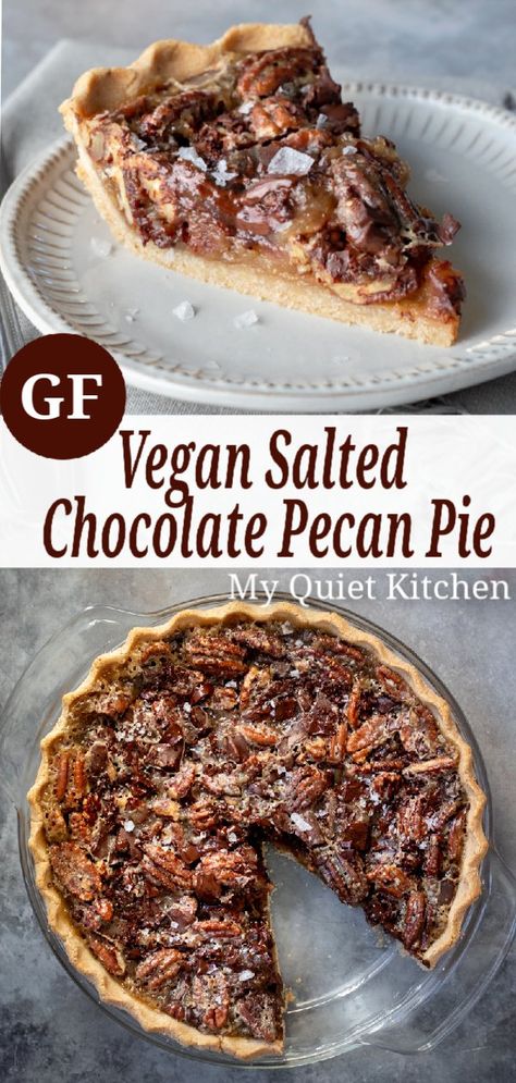 Vegan Holiday Desserts, Vegan Pecan Pie, Vegan Pie Crust, Vegan Pecan, Caramel Filling, Chocolate Pecan Pie, Vegan Pie, Salted Chocolate, Fall Dessert Recipes