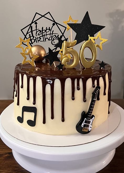 Guitar Cake Topper Set 1 guitar 1.3x3.5 inch 4 gold ball cake toppers(1.6, 1.2, 1.0, 0.7) inches 6 note cake toppers(2.5x1.6, 0.9x2.1, 2.0x1.5) inches 5 gold star cake toppers 1.5 inch 7 black star cake topper(3.5, 2.3, 1.5, 0.7) inches 1 black happy birthday cake topper 4.2x 6.1 inches Guitar is made of high quality wood. Happy Birthday cake topper is made of acrylic. Stars are made of cardstock. Balls are made of foam and latex wire. Guitar can be used as a keepsake as well. This cake topper s Singing Theme Cake, Music Themed Cakes For Men, Cake For Music Lover, Black Happy Birthday Cake, Music Notes Cake, Musician Cake, Guitar Cake Topper, Music Cake Topper, Wire Guitar