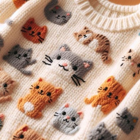 Kawaii Knitting, Jaket Crochet, Cat Sweater, Knitted Cat, 자수 디자인, Hand Embroidery Art, Knitting Inspiration, Baby Knitting Patterns, Crochet Fashion