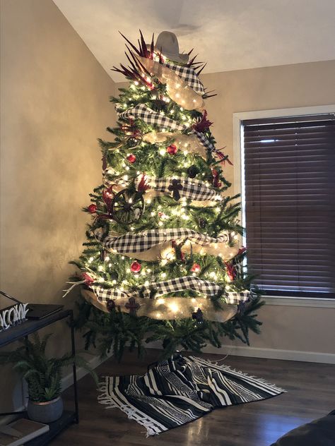 Cowboy Hat Tree Topper, Cowhide Western Christmas Tree, Small Western Christmas Tree, Cowboy Hat Christmas Tree Topper, Cowboy Christmas Tree Topper, Western Cgristmas Tree, Western Christmas Tree, Red Ball Ornaments, Buffalo Plaid Ribbon