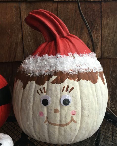 Elf on the shelf painted pumpkin Elf On The Shelf Pumpkin Ideas, Elf On The Shelf Pumpkin, Elf Pumpkin, Storybook Pumpkin, Pumpkin Elf, Cute Painted Pumpkin Ideas, Story Book Pumpkin, Creative Pumpkin Decorating, Character Pumpkins