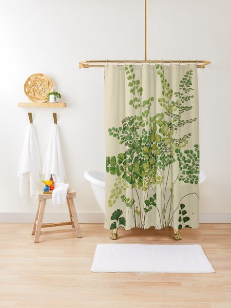 "Maidenhair Ferns" Shower Curtain for Sale by bluespecsstudio | Redbubble Vintage Shower Curtains, Ferns Care, Curtains For Bathroom, Maidenhair Fern, Mid Century Boho, White Shower Curtain, White Shower, Vintage Floral Pattern, Patterned Shower Curtain