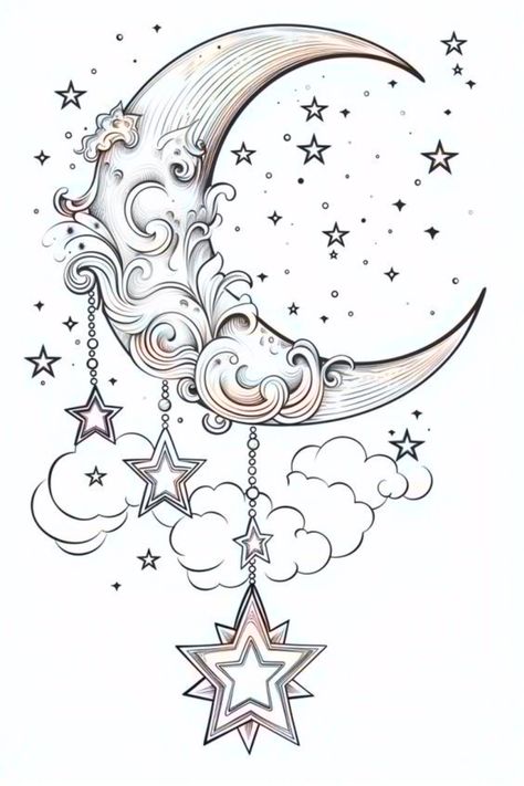 Half Moon Drawing Design, Moon Dream Catcher Drawing, Moon Drawing Aesthetic, Moon Drawings Aesthetic, Moon And Stars Drawing, Drawing Of A Moon, Celestial Drawing, Crescent Moon Drawing, Sun Moon Stars Tattoo