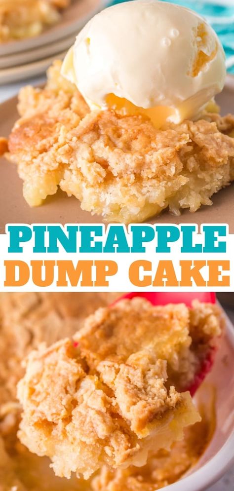 Pineapple Dump Cake is an easy dessert recipe using canned pineapple and boxed cake mix. Spice Cake Mix Recipes With Pineapple, Pineapple Dump Cake Cobbler, White Cake Pineapple Dump Cake, Yellow Cake Mix With Pineapple, Crockpot Pineapple Dump Cake, Hawaiian Dump Cake, What To Make With Canned Pineapple, Peach Pineapple Dump Cake, Pinapple Cake Dump