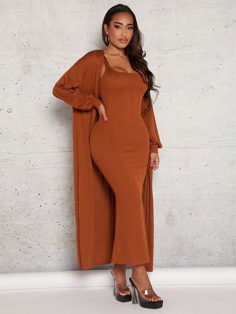 Burnt Orange Casual Collar Long Sleeve  Plain  Embellished Slight Stretch Fall/Winter Women Clothing Orange Two Piece Outfit, Burnt Orange Outfits, Orange Two Piece, Orange Outfit, Classy Casual Outfits, Black Art Pictures, Classy Casual, Cami Dress, Two Piece Outfit