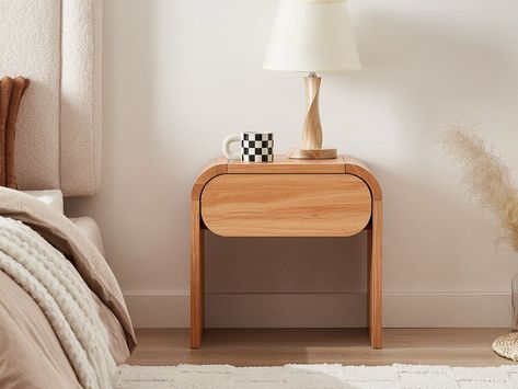 Otis Bedside Table Japandi Bedside Table, Curved Bedside Table, Bedside Table Styling, Side Bed, Japandi Design, Vase Collection, Wood Bedside Table, Versatile Furniture, Bed Table