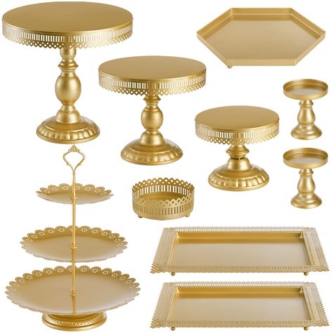 PRICES MAY VARY. Package Included - You will get a value pack of 10 pieces cake stands, it includes 1 x 3-tier cake tray, 2 x rectangular cake pan, 3 x cake stand with base, 2 x cup cake stand with base, 1 x round cup cake stand and 1 x hexagon pan. High Quality Material - Made of high quality metal which is durable and safe. Painted in a food safe water-based gold color paint and brushed with an antique style finish that will never fade or rust! Gorgeous, durable and safe to use. Size - Three t Iron Cake Stand, Metal Cupcake Stand, 10 Cake, Gold Cake Stand, Display Tower, Candy Fruit, Metal Cake Stand, Round Cake Stand, Cake Stand Set