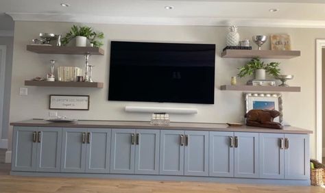 Uneven Living Room Wall, Off Center Tv Wall Mounted Tv, Freestanding Shelves In Living Room, Built In Shelves Living Room Farmhouse, Entertainment Center With High Ceilings, Big Living Room Tv Wall Ideas, Interesting Walls Ideas, Coastal Living Room Accent Wall, 85” Tv