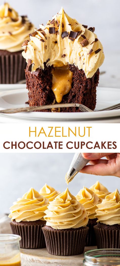 Hazelnut Buttercream Frosting, Hazelnut Cupcakes Recipes, Hazelnut Frosting Recipe, Chocolate Hazelnut Cupcakes, Hazelnut Dessert Recipes, Gourmet Cupcakes Flavors, Hazelnuts Recipes, Hazelnut Desserts, Hazelnut Frosting