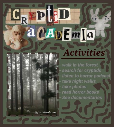 cryptid academia activities Cryptid Core Aesthetic Wallpaper, That Funny Feeling Aesthetic, Cryptidcore Academia, Cryptidcore Activities, Cryptid Hunting Gear, Cryptid Academia Aesthetic Outfits, Cryptid Hunting Aesthetic, Cryptology Aesthetic, How To Be A Cryptid