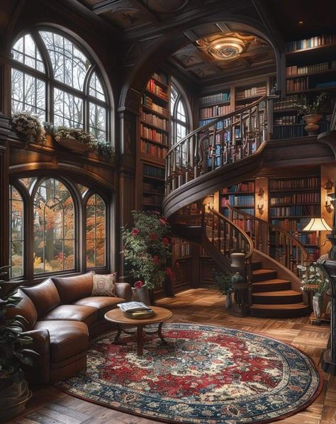 Old Huge Library Aesthetic, Hidden Room Library, Large Library Room, 2 Story Home Library, Big Library In House, Fantasy Home Interior, Grand Libraries, Gatsby House, Unique Home Interior