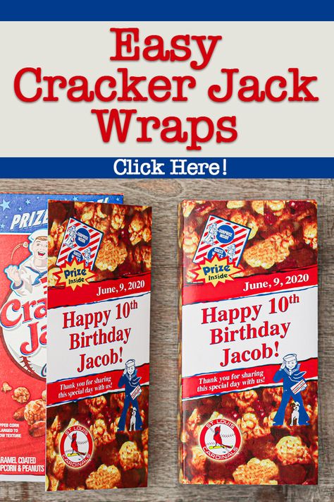 What a perfect way to personalize your baseball party! These wrap right around a standard box of cracker jacks making them the perfect party favor. Just fold and stick, that's it! 6 Elm Designs can customize with all of your information, including your favorite team, on both the front and back. #baseballbirthdayparty #6elmdesigns #baseballwedding Dumbo Birthday, Halloween Food Cupcakes, Food Cupcakes, Baseball Wedding, Cracker Jack, Baseball Birthday Party, Cracker Jacks, Recipes Cake, Kids Birthday Themes