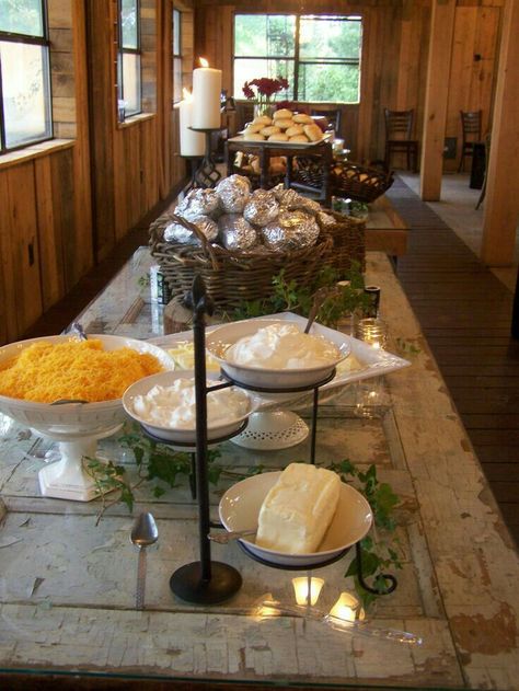 Baked Potato Bar Baked Potato Bar, Progressive Dinner, Potato Bar, Easy Weddings, Lots Of Food, Food Stations, Party Bars, Food Displays, Snacks Für Party