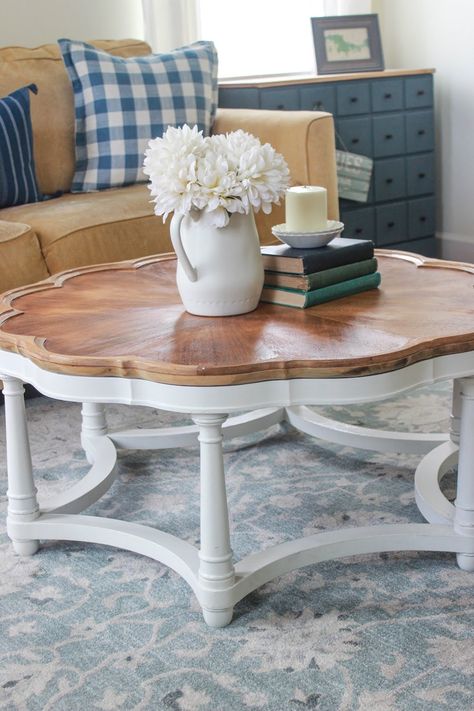 Scallop Coffee Table, Scalloped Coffee Table, Living Room Plans, Coffee Table Makeover, Living Room Plan, Refinish Furniture, White Paint Colors, Table Makeover, Coffee Table Vintage