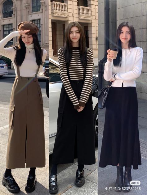 Japanese Spring Outfits Casual, Long Black Skirt Outfit Winter Korean, Japanese College Outfits, Pleated Skirt Outfit Long, Winter Outfits Korean Street Style, Korean Long Skirt Outfits, Maxi Skirts Winter, Japan Ootd Spring, Japanese Winter Outfits