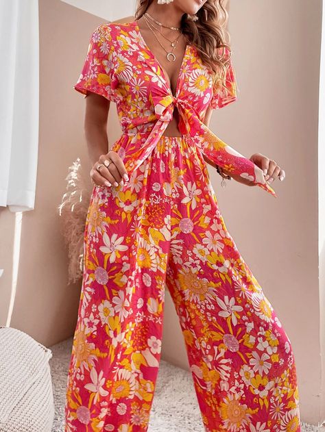 Floral Print Tie Front Wide Leg Jumpsuit | SHEIN EUR Printed Ties, Wide Leg Jumpsuit, New Arrivals, Wide Leg, Floral Print, Floral Prints, Jumpsuit, Sewing, Floral