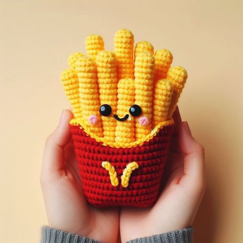 French Fry Crochet Pattern, Crochet Fries Free Pattern, Crochet French Fries Free Pattern, Crochet French Fries, Fries Crochet, Amigurumi Pattern Free, Mcdonald French Fries, Hamburger And Fries, Crochet Food