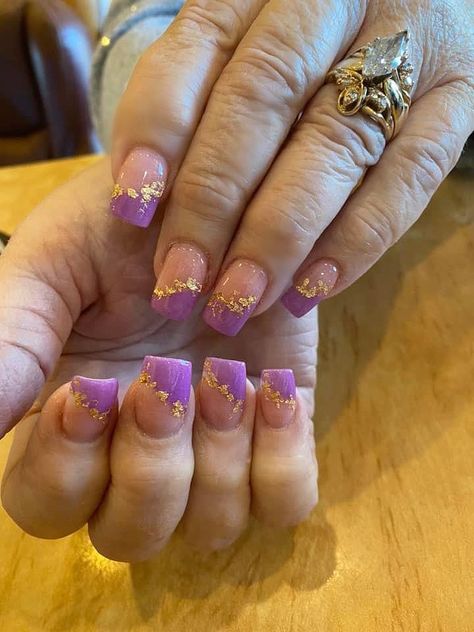 Purple And Gold Flake Nails, Purple And Gold Glitter Nails, Purple And Gold Almond Nails, Purple Nails With Gold Flakes, Purple And Gold Nails Acrylic, Lavender And Gold Nails, Purple And Gold Nails Designs, Purple Gold Nails, Purple And Gold Nails