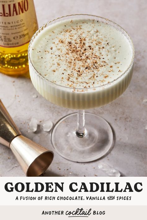 The Golden Cadillac drink, originating from Poor Red's BBQ in El Dorado, California, stands as an enduring American classic. This iconic drink, made with a blend of Galliano, crème de cacao, and cream, is served strained in a chilled glass to showcase its dazzling golden hue. Golden Alcoholic Drinks, Gold Cocktail Recipe, Goldschlager Drinks, Golden Cadillac Drink Recipe, Golden Cocktail, Liqueur Cocktails, Bartending Tips, Italian Liqueur, Creamy Cocktails