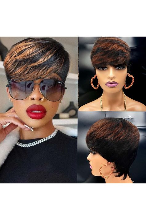 Pixie Cut Wig Human Hair Short Human Hair Wigs for Black Women Pixie Layered Wavy Wigs Black with Brown F1B/33 Color Glueless Short Curly Wigs Human Hair Wigs For Black Women, Pixie Wigs For Black Women, Hairstyle Pixie, Short Wigs For Black Women, Swoop Bangs, Short Pixie Wigs, Short Cut Wigs, Black Women Short Hairstyles, Beige Blond