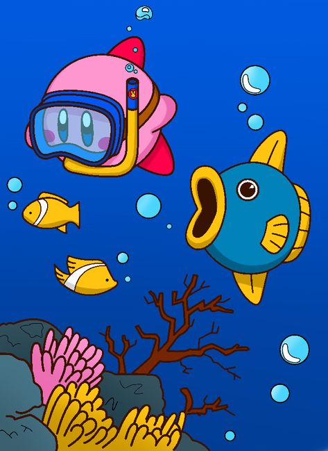 Kirby Underwater, Kirby Swimming, Pool Artwork, Imagination Art, Kirby Art, Super Nintendo, First Game, Pen Art, 8th Birthday