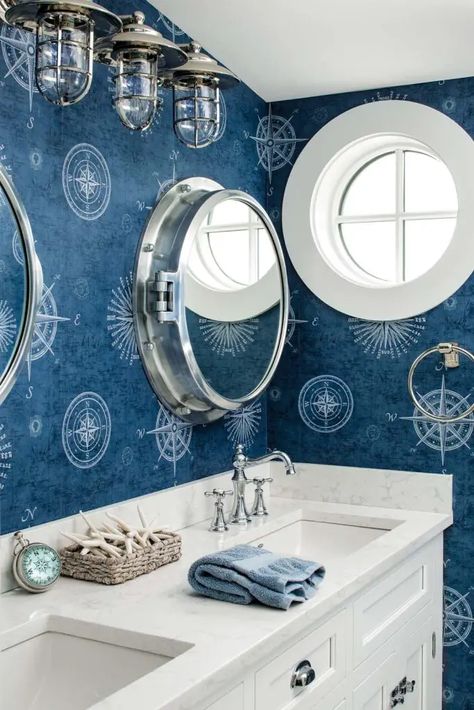 Explore 33 Nautical Bathroom Ideas for Maritime-Inspired Elegance - placeideal.com Ship Bathroom Nautical Theme, Americana Bathroom Decor, Nautical Bathroom Wallpaper, Nautical Wallpaper Bathroom, Nautical Powder Room, Nautical Design Interior, Yacht Bathroom, Nautical Bathroom Ideas, Marine Bathroom