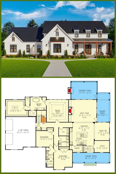 Discover the perfect blend of modern and farmhouse charm with our 1-Story 6-Bedroom Modern Farmhouse floor plan. This thoughtfully designed home features spacious bedrooms, an optional bonus room, and a lower level for added versatility. Embrace the warmth of farmhouse aesthetics while enjoying the convenience of contemporary living. Start planning your dream home today! Farmhouse Floor Plan, Modern Farmhouse Floorplan, 6 Bedroom House Plans, Little House Plans, 6 Bedroom House, Bedroom Floor Plans, Contemporary Farmhouse, Modern Farmhouse Plans, House Blueprints