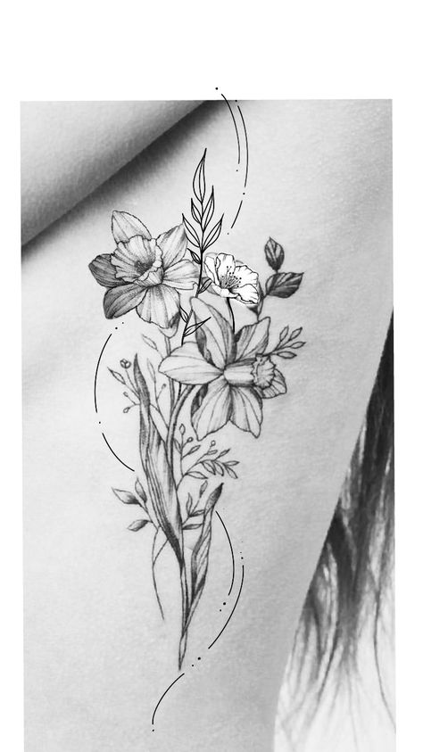 Daffodil Floral Tattoo, Paperwhites Flower Tattoo, Narcissus Flower Spine Tattoo, Daffodil And Honeysuckle Tattoo, Narcissus Flower Tattoo Design, Daffodil And Narcissus Tattoo, Daffodil Tattoo Thigh, Daffodil Arm Tattoo, Daffodil Back Tattoo