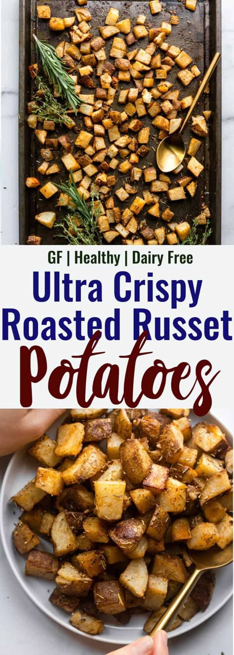 These Roasted Russet Potatoes are so flavorful and will go with so many meals! A super easy, hearty side everyone will love! | Food Faith Fitness | Breakfast Potatoes Russet, How To Cook Russet Potatoes, Roasted Russet Potato Recipes, Potato Side Dishes Russet, Roster Potato Recipes, Breakfast Russet Potatoes, What To Make With Russet Potatoes, What To Do With Russet Potatoes, Healthy Russet Potato Recipes