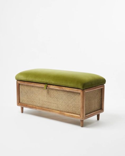 Cane Ottoman, Bedside Ottoman, Green Velvet Bench, Parrot Room, Velvet Ottomans, Rattan Ottoman, Ottoman Furniture, Rattan Cane, Cane Furniture