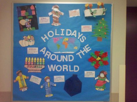 My bulletin board for kindergarten winter holidays Winter Holidays Around The World Bulletin Board, Holidays Around The World Bulletin Board, Bulletin Board For Kindergarten, Around The World Bulletin Board, Board For Kindergarten, Holiday Calender, Holiday Spirit Week, World Bulletin Board, Holiday Bulletin Boards