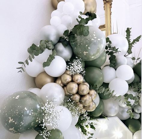 Neutral Balloon Garland With Greenery, Eucalyptus Balloon Arch, Green White And Silver Party Decor, White Balloon Garland With Flowers, Wedding Balloon Garland, Wedding Ballons, Garden Engagement Party, White Engagement Party, Backyard Engagement Parties