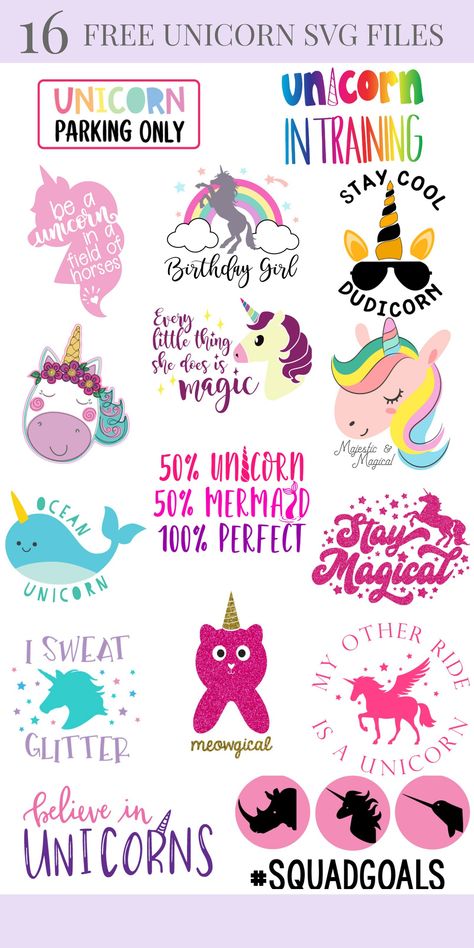 We're sharing 14 Free Unicorn SVG Cut including our very own Meowgical Caticorn cut file. So pull out those Cricuts and Silhouettes and craft up an easy project! Perfect for unicorn themed birthday parties, unicorn shirts and unicorn room decor! #Cricut #Silhouette #unicorn #CutFile #FreeSVG #SVG Silhouette Disney, Pyjamas Party, Unicorn Themed Birthday Party, Projets Cricut, Unicorn Crafts, Unicorn And Glitter, Unicorn Svg, Cricut Projects Beginner, Unicorn Shirt