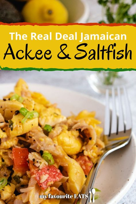 This authentic Jamaican ackee and Saltfish dish is delicious and so quick and easy to make. Ideal for a mid week dinner. Click for recipe. #easydinner #dinner #jamaican #ackee #saltfish Akee And Saltfish Recipe Jamaican, Ackee And Callaloo, Jamaican Ackee And Saltfish Recipe, Akee And Saltfish Recipe, Ackee And Saltfish Jamaican, Salt Fish And Ackee, Ackee And Saltfish Recipe, Saltfish And Ackee, Salt Fish Recipe