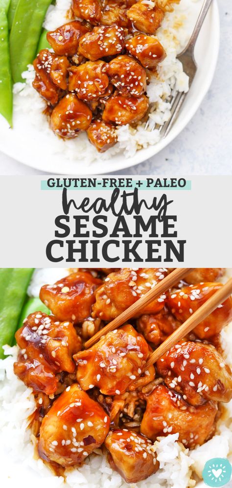 Healthy Sesame Chicken - Crispy Chicken coated in a tangy sweet sesame sauce. Gluten Free + Paleo Friendly. // Healthy Take Out Recipe // Paleo Sesame Chicken // Gluten Free Sesame Chicken // Sesame Chicken Stir-Fry #sesamechicken #chicken #stirfry #takeout #takeoutfakeout #teriyakisauce Gluten Free Sesame Chicken, Paleo Sesame Chicken, General Tao Chicken, Chicken Sesame, Sesame Chicken Stir Fry, Healthy Sesame Chicken, Chicken Gluten Free, Gluten Free Chinese, Breakfast Kitchen