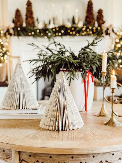 Simple Folded Book Page Christmas Tree Tutorial Book Trees How To Make A, Vintage Book Christmas Tree, Book Pages Tree, Book Page Party Decorations, Trees Made From Books, Crafts Made From Books, Diy Book Page Christmas Trees, Christmas Tree Books Diy, Folded Magazine Christmas Tree