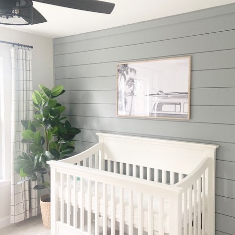 @hightide_living on Instagram: “Sneak peak of our coastal inspired nursery ✨ #lovemypbk #lovemypbkids #pbkids #larkincrib #potterybarn #potterybarnbaby #nursery…” Shiplap Baby Nursery, White Crib Boy Nursery, Benjamin Moore Boothbay Gray, Boothbay Gray, Pottery Barn Nursery, Shiplap Nursery, Nursery Accent Wall, Baby Cribs Convertible, Beach Nursery