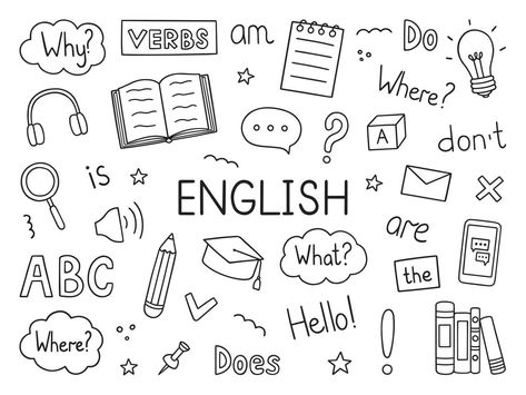 Doodle Art For English Subject, Cute English Doodles, Background Design Drawing Doodles, English Doodle Art, English Related Drawings, English Design Art, Language Learning Illustration, English Journal Cover, English Drawings Ideas